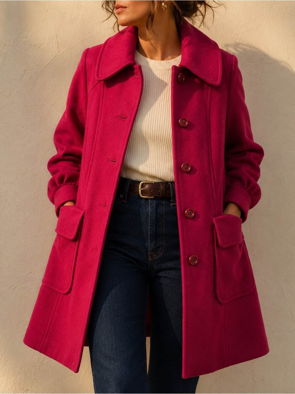 Vintage 60s 70s Sears Fashions Raspberry Pink Mod A-Line Swing Coat